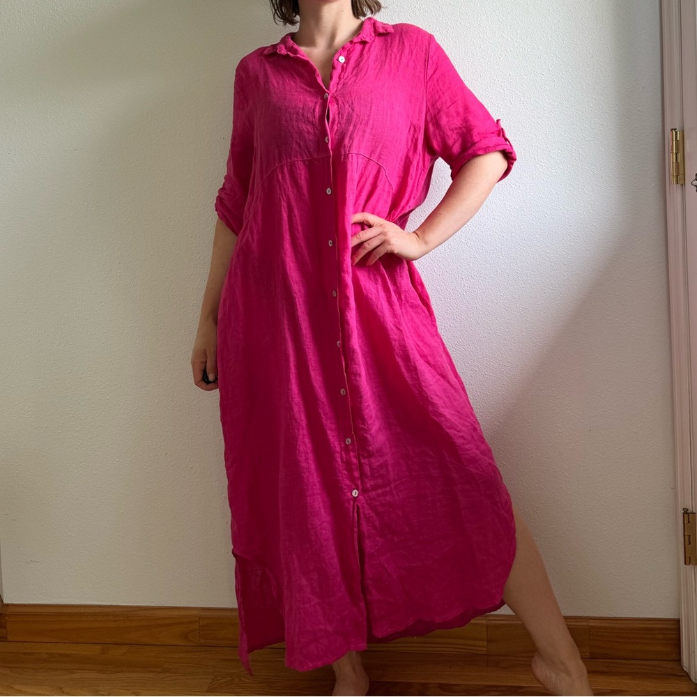 Made in Italy 100% Linen Fuchsia Button-Down Flowy Maxi Dress one size fits all
